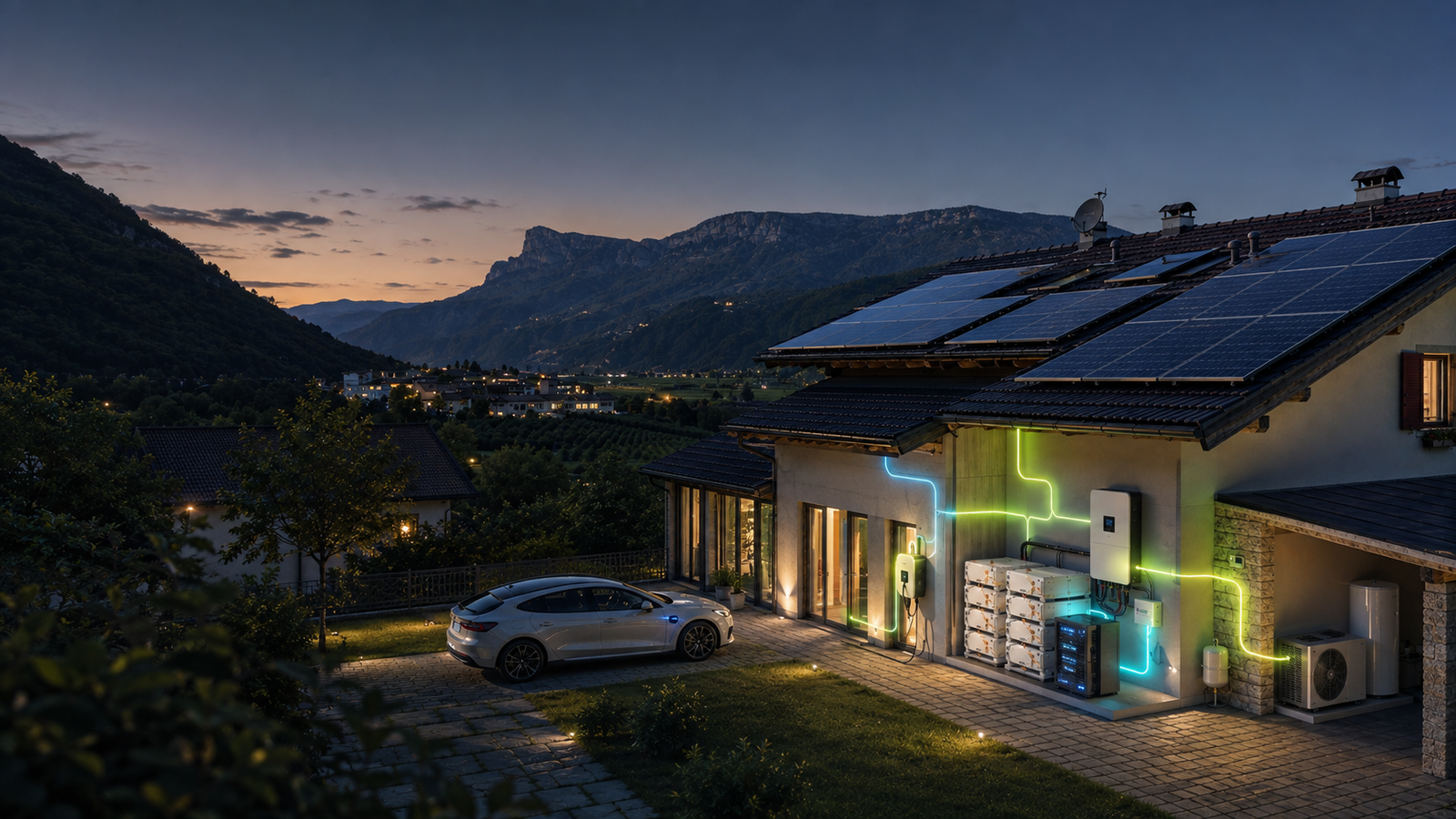 Visualizzazione 3D di una casa altoatesina con fotovoltaico, accumulo, pompa di calore, auto elettrica e flussi energetici connessi