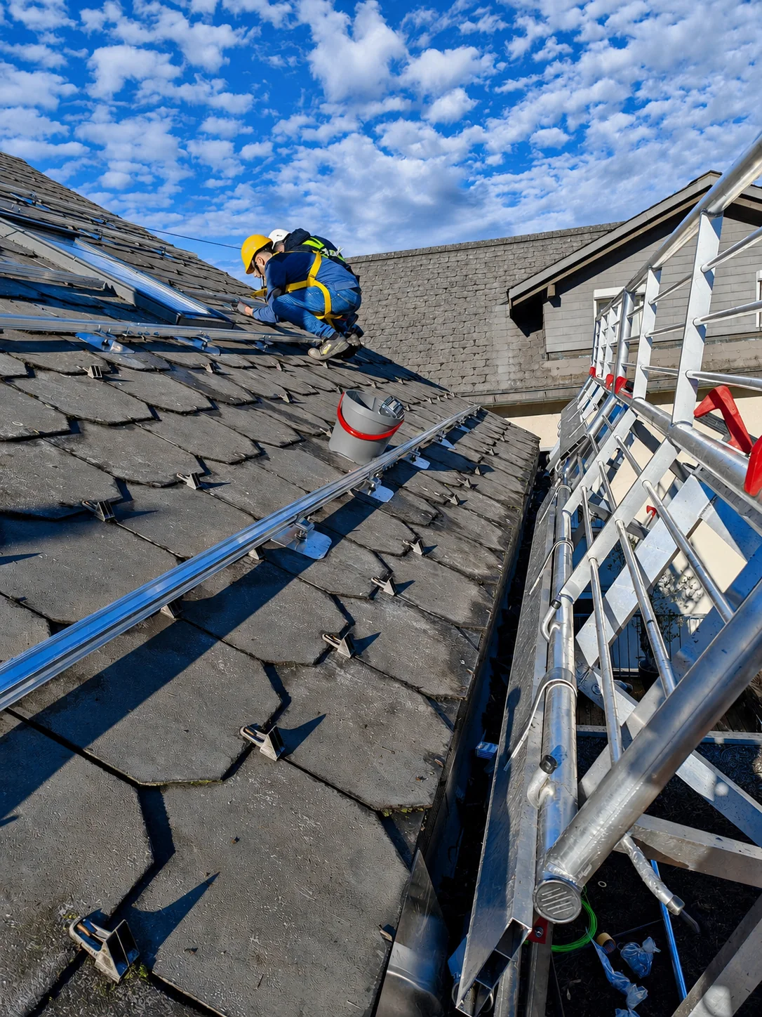 Installatore fotovoltaico assicurato durante il lavoro sul tetto